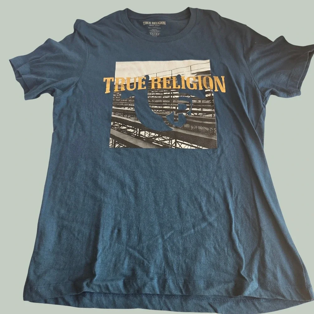 True Religion Mens Graphic T-Shirt Blue Y2K Horseshoe Logo Cotton Tee Medium